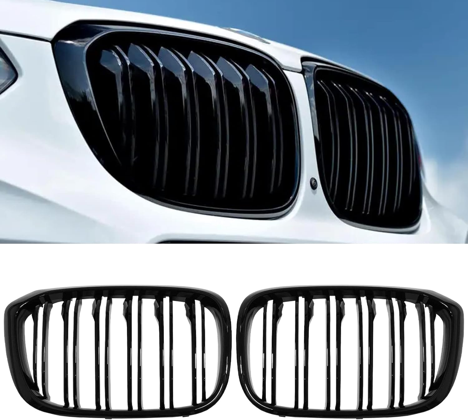 Rongxu X3 G01 Gloss Black Grille For 2018-2021 BMW X3 G01 2019-2021 X4 G02 Grill, Fit for 30i xDrive/M40i xDriver Double Slat Front Kidney Bumper Hood ABS Grille Insert Replacement, 2PCS
